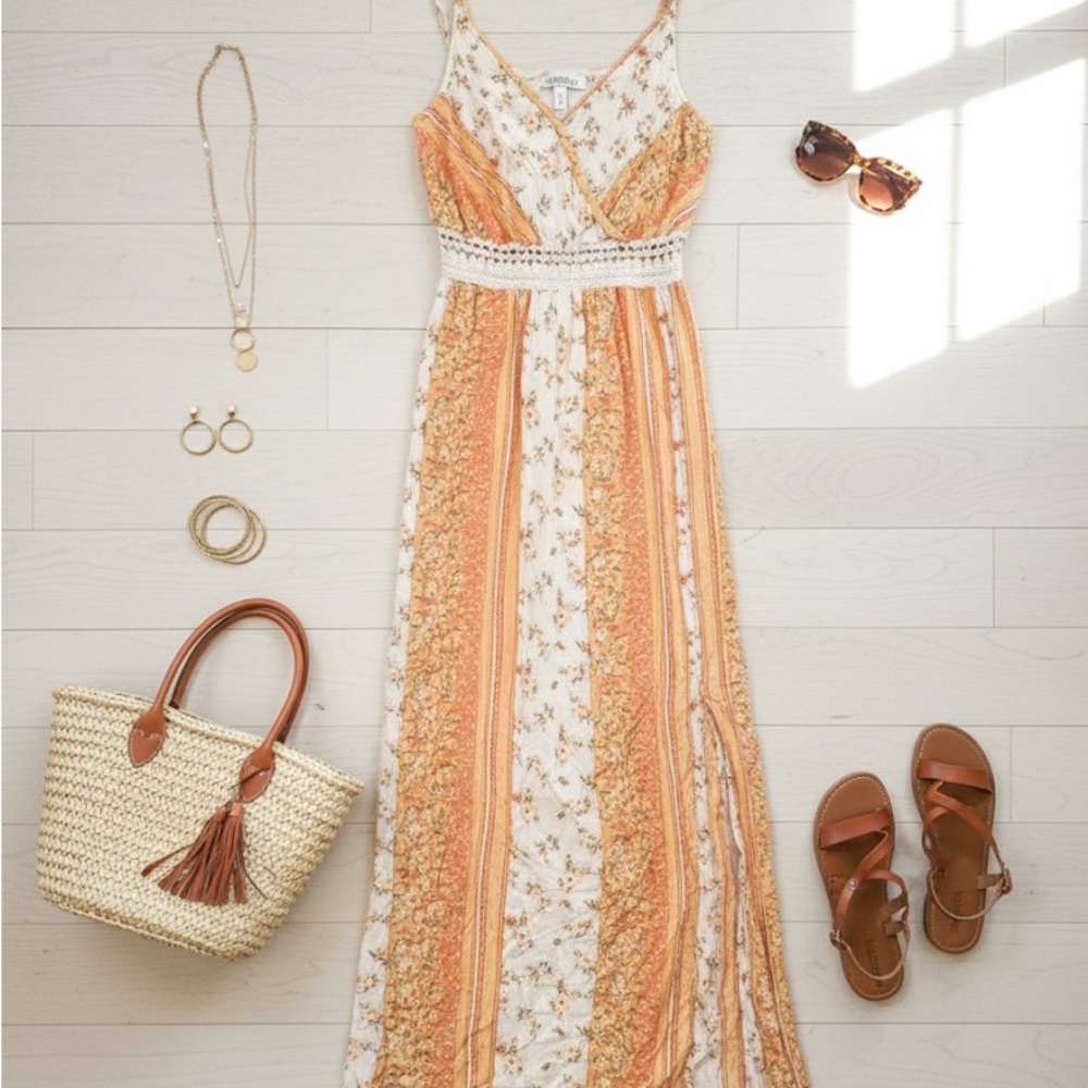 Justify Boho Floral Striped Crochet Maxi Dress - Size L